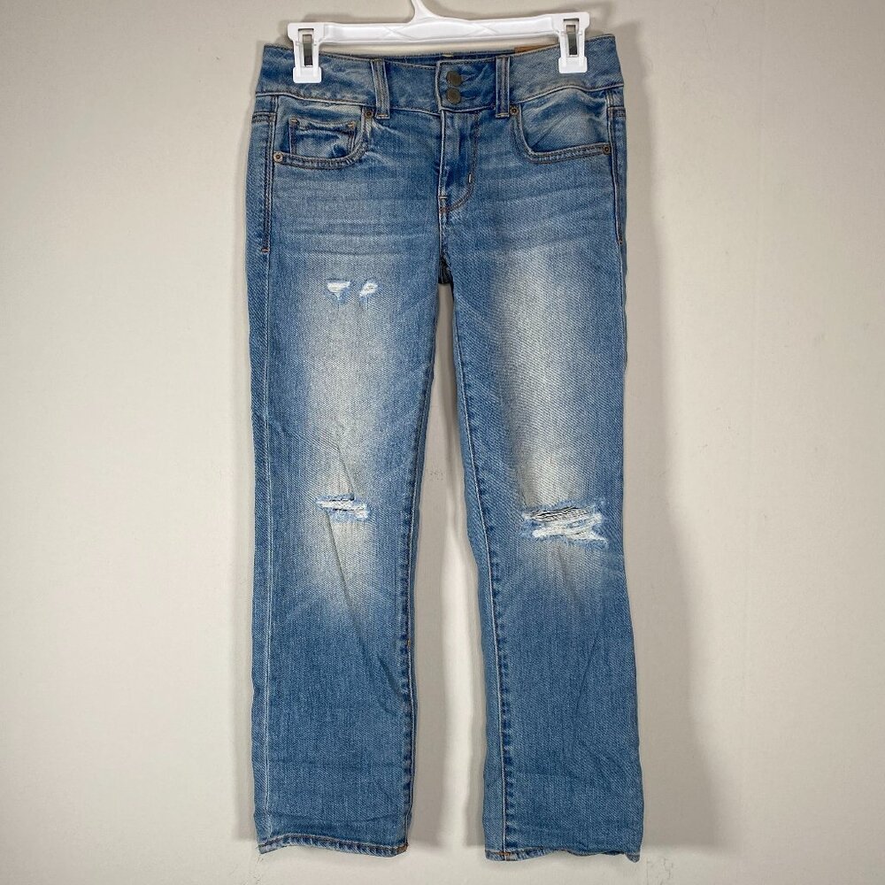 American Eagle Artist Crop Denim Jeans Women's 0 Atlantic Blue Distressed NWT